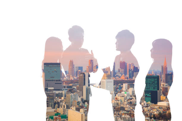 Double exposure of business team and urban cityscape.